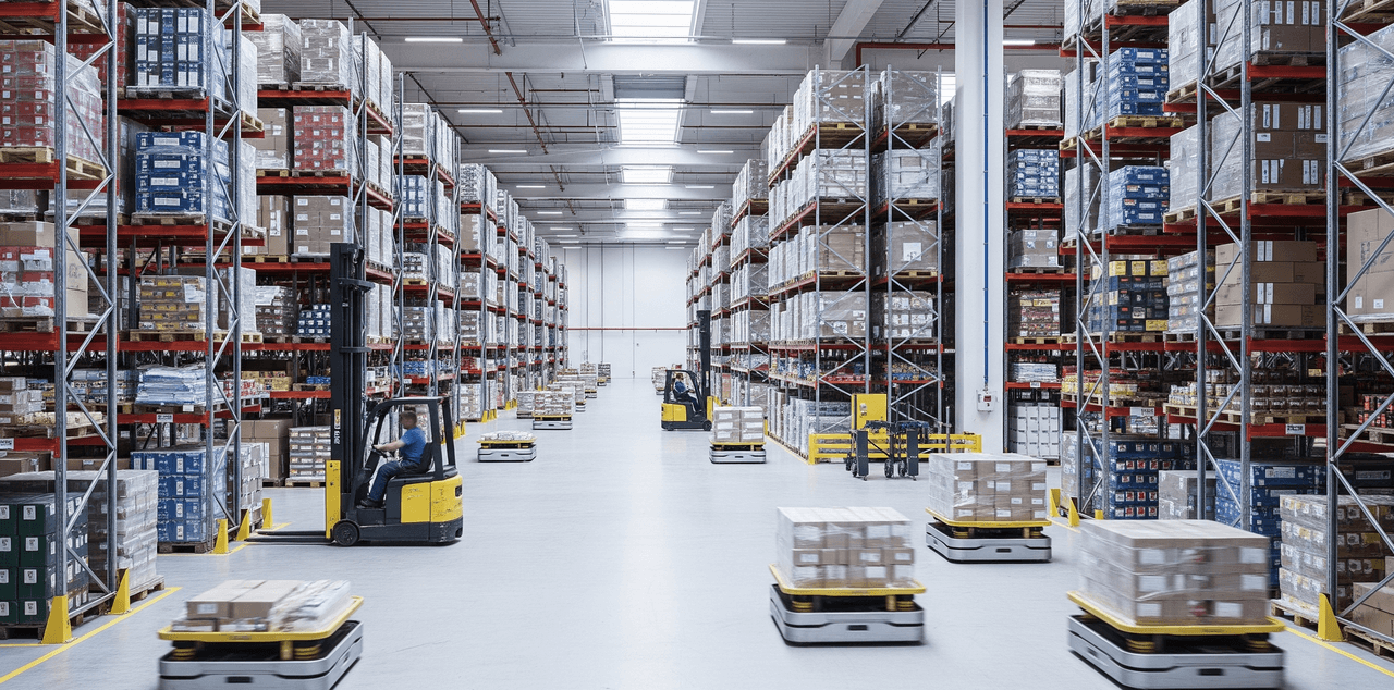 Magazzino logistico con file di pallet pronti per il trasporto merci, simbolo di efficienza.